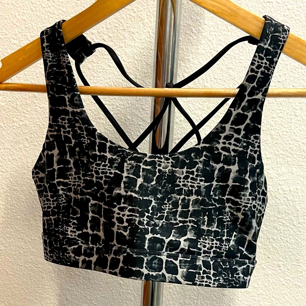 SOUL sports bra with spaghetti straps, grey/black, size Small.